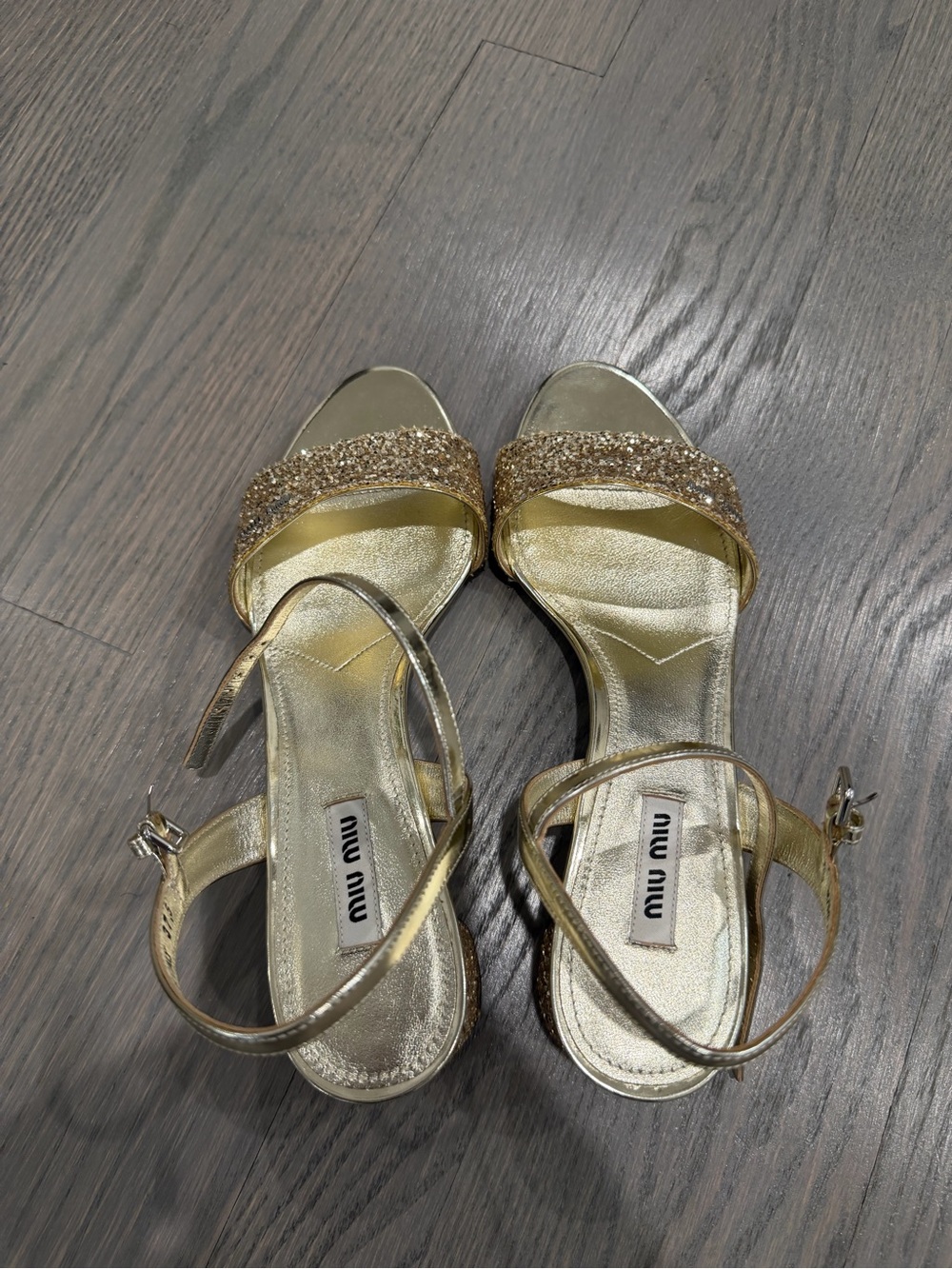 Miu Miu Gold Glitter Block Heel Sandal EU 37.5 Made in Italy - Picture 3 of 7